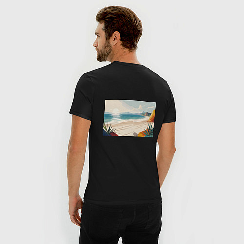 Мужская slim-футболка Летний пейзаж с женщиной на пляже / Черный – фото 4