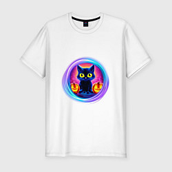 Футболка slim-fit Кот неоновый с тыквами, цвет: белый
