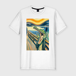 Футболка slim-fit Крокодил кричит на картине Эдварда Мунка - мем иск, цвет: белый