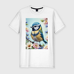 Футболка slim-fit Синичка в цветах, цвет: белый