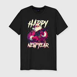 Футболка slim-fit Happy New Year Santa Claus with weapon, цвет: черный