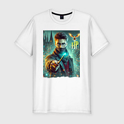 Футболка slim-fit Harry Potter with a magic wand - ai art fantasy, цвет: белый