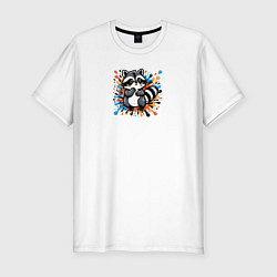 Футболка slim-fit Енот и разноцветные брызги, цвет: белый
