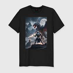 Футболка slim-fit Сражение рыцаря с драконом в стиле Demons Souls, цвет: черный