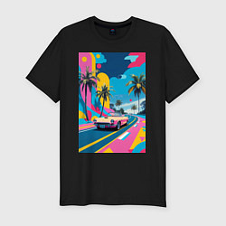 Футболка slim-fit Кабриолет едет по тропическому острову в стиле Куб, цвет: черный