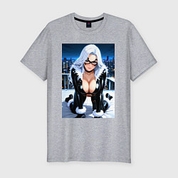 Футболка slim-fit Черная кошка на крыше небоскреба, цвет: меланж