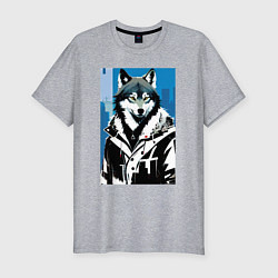 Футболка slim-fit Волк в мегаполисе - нейроарт, цвет: меланж