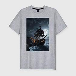 Футболка slim-fit Пиратский корабль в шторм, цвет: меланж