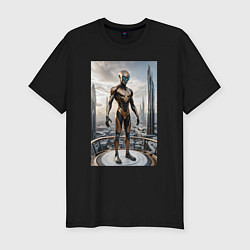 Футболка slim-fit Инопланетянин в городе будущего, цвет: черный