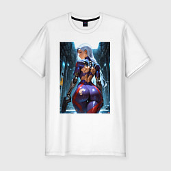 Футболка slim-fit Девушка с оружием в киберпанк стиле, цвет: белый