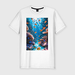 Футболка slim-fit Подводный коралловый риф с рыбками, цвет: белый