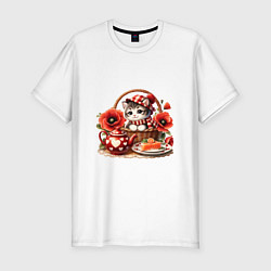 Футболка slim-fit Милаха котик в маках, цвет: белый