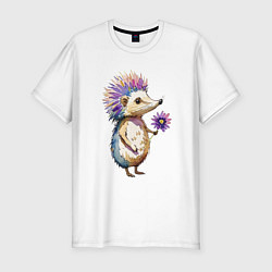 Мужская slim-футболка Ёжик с цветком - акварель