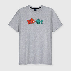 Мужская slim-футболка Красная и бирюзовая рыбки с сердечками