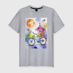 Мужская slim-футболка Утенок на велосипеде - акварель