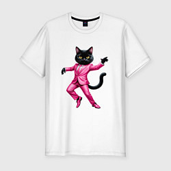 Мужская slim-футболка Черный кот в розовом костюме танцует