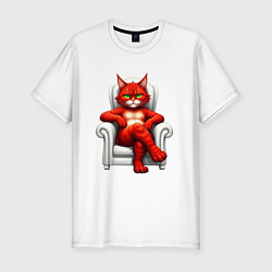 Мужская slim-футболка Красный кот сидит в белом кресле