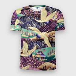 Мужская спорт-футболка Японская вышивка с журавлями