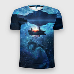 Мужская спорт-футболка Пара на лодке на озере ночью