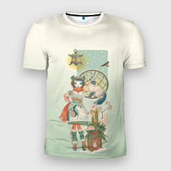 Мужская спорт-футболка Девушка кимоно зима Япония кот