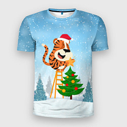 Мужская спорт-футболка Тигр украшает новогоднюю елку