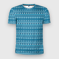 Мужская спорт-футболка Новогодний узор сине-белого цвета