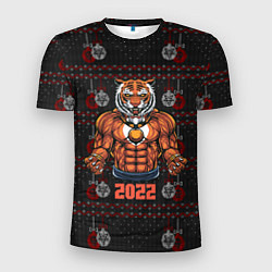 Мужская спорт-футболка Новогодний качок-тигр