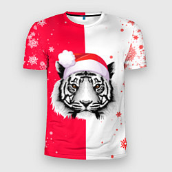 Мужская спорт-футболка БЕЛО КРАСНЫЙ, ТИГР НОВОГОДНИЙ НОВЫЙ ГО 2022