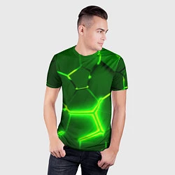 Футболка спортивная мужская 3D ПЛИТЫ НЕОН NEON GREEN HEXAGON РАЗЛОМ, цвет: 3D-принт — фото 2