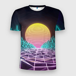 Мужская спорт-футболка Vaporwave Закат солнца в горах Neon
