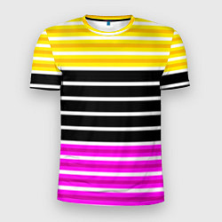 Футболка спортивная мужская Желтые розовые и черные полосы на белом, цвет: 3D-принт