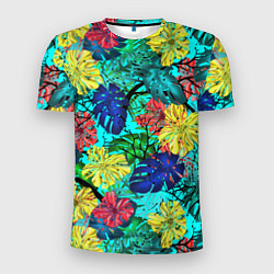 Мужская спорт-футболка Тропические растения на бирюзовом фоне