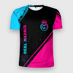 Футболка спортивная мужская Real Madrid - neon gradient: символ и надпись верт, цвет: 3D-принт