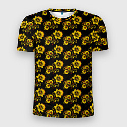 Мужская спорт-футболка Хохломская роспись цветы на чёрном фоне