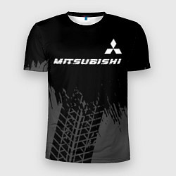 Мужская спорт-футболка Mitsubishi speed на темном фоне со следами шин: си