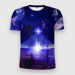 Мужская спорт-футболка Синяя магическая пирамида, горы и космос