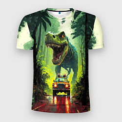 Футболка спортивная мужская Динозавр в погоне за машиной в джунглях, цвет: 3D-принт