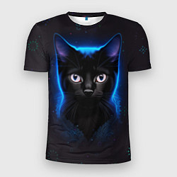 Мужская спорт-футболка Черный кот на фоне созвездий