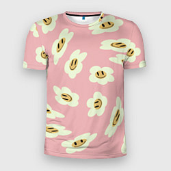Мужская спорт-футболка Искаженные смайлы-цветы на розовом паттер