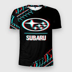 Футболка спортивная мужская Значок Subaru в стиле glitch на темном фоне, цвет: 3D-принт