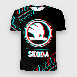 Футболка спортивная мужская Значок Skoda в стиле glitch на темном фоне, цвет: 3D-принт