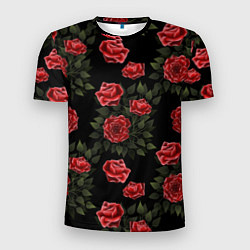 Мужская спорт-футболка Красные розы на черном - паттерн