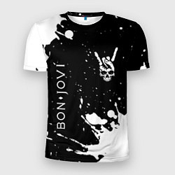 Футболка спортивная мужская Bon Jovi и рок символ на темном фоне, цвет: 3D-принт