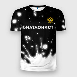 Мужская спорт-футболка Биатлонист из России и герб РФ: символ сверху