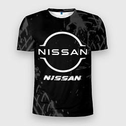 Мужская спорт-футболка Nissan speed на темном фоне со следами шин