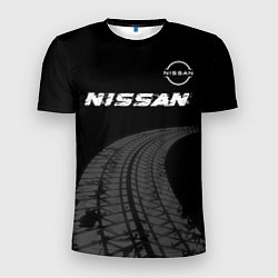 Футболка спортивная мужская Nissan speed на темном фоне со следами шин: символ, цвет: 3D-принт