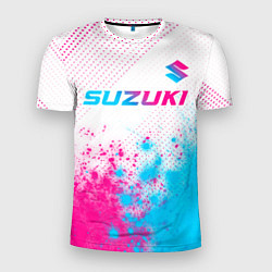 Мужская спорт-футболка Suzuki neon gradient style: символ сверху