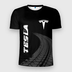 Футболка спортивная мужская Tesla speed на темном фоне со следами шин вертикал, цвет: 3D-принт
