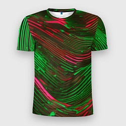 Мужская спорт-футболка Волнистые линии зелёные и красные