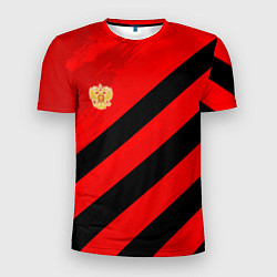Мужская спорт-футболка Герб РФ - красная абстракция